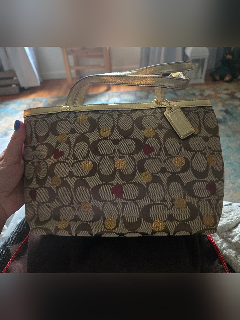 Coach Brown Signature Canvas Tote with Gold Dots and Red Hearts